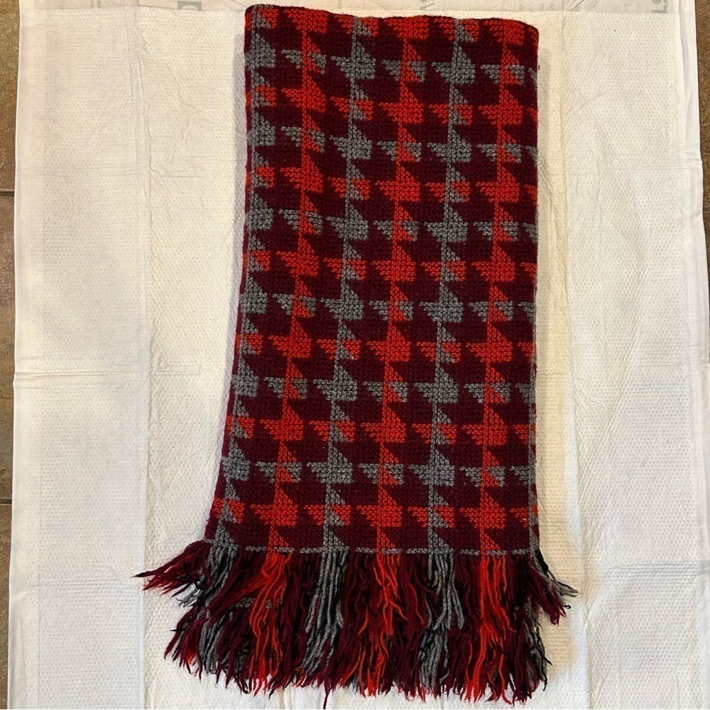 Pendleton Vintage Wool Knit Throw Blanket With Fringe 56x102 Red Gray Thick
